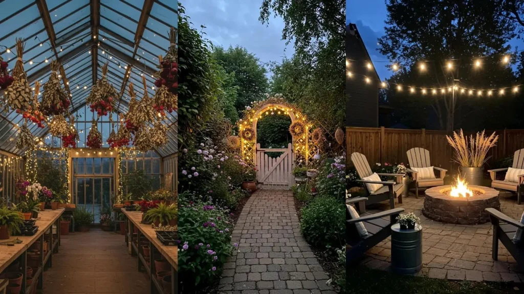 Jardines románticos iluminados con guirnaldas, flores secas, un sendero florido y un acogedor patio con fogata.