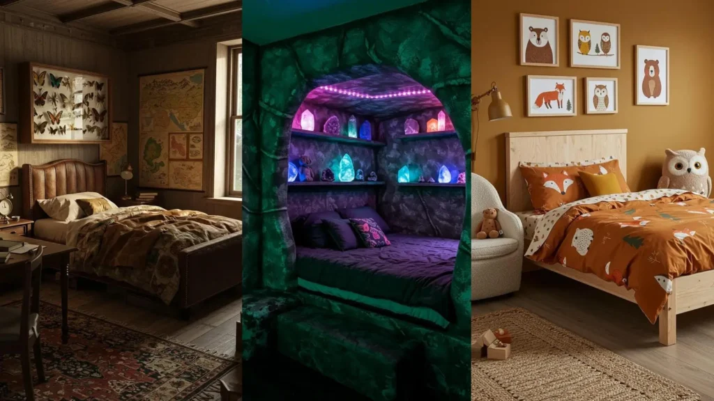 Ideas de decoración para dormitorios infantiles con temas de bosque encantado, con camas de animales del bosque y cuevas mágicas con cristales.