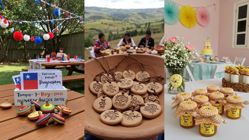 Recuerdos DIY personalizados: trompos, colgantes artesanales y miel en frascos para fiestas tradicionales.