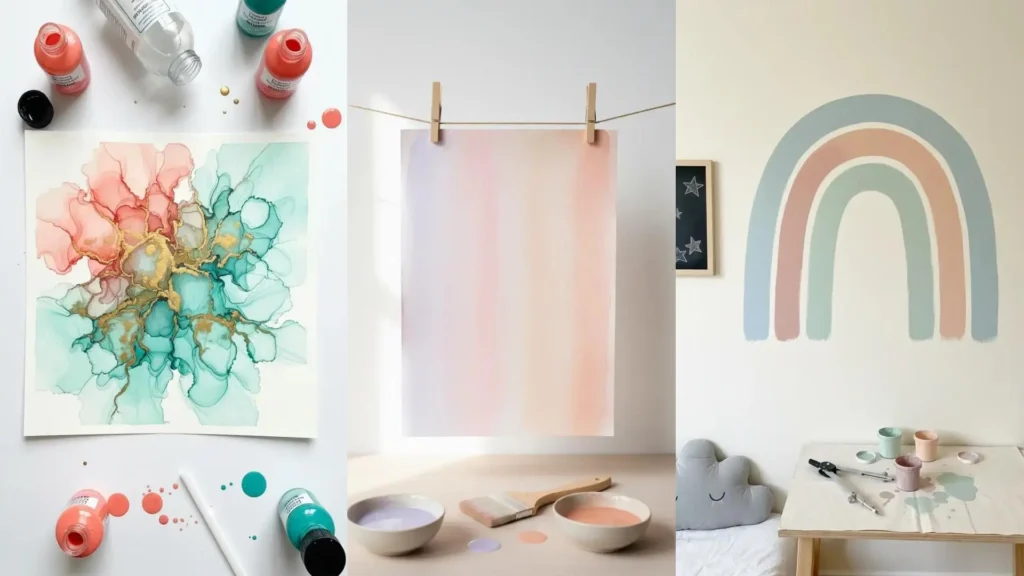 Inspiración DIY con cuadros efecto acuarela en tonos pastel; incluye un diseño abstracto y un mural de arcoíris.