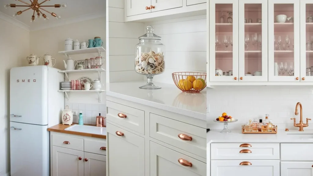 Cocina blanca elegante con grifo, tiradores y canasta en cobre rosado. Ideas de decoración para el hogar.