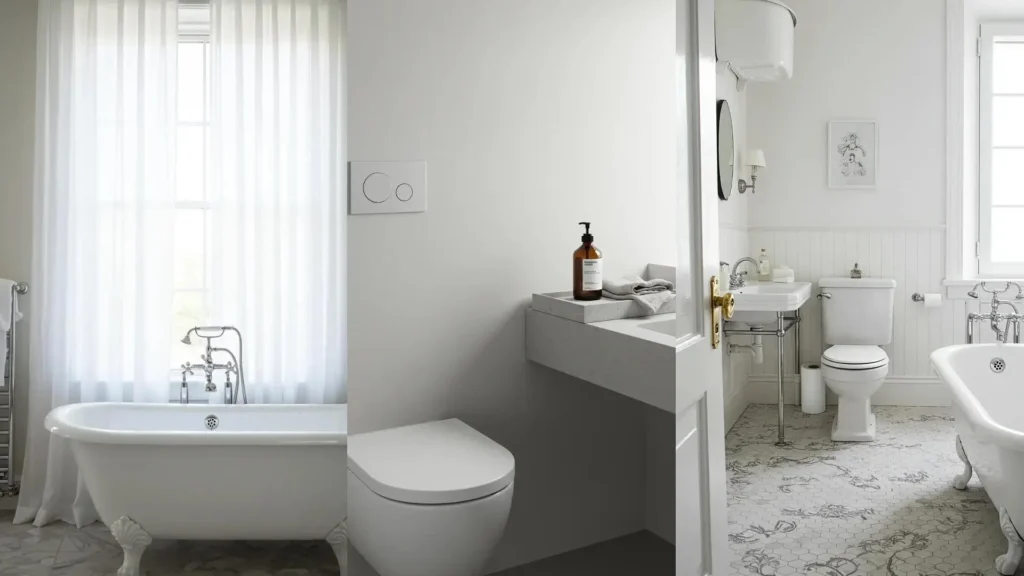 Baños en blanco total: bañera exenta, inodoro moderno y lavabo. Detalles decorativos sutiles para un ambiente elegante.