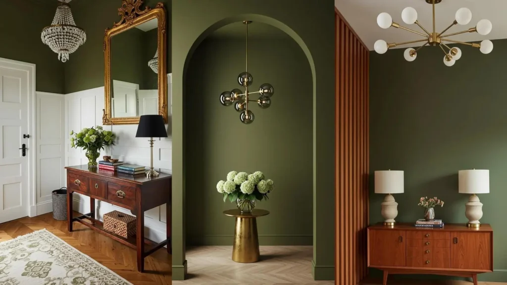 Decoración de recibidor en verde olivo y dorado con espejos, lámparas y mesas elegantes para un estilo acogedor.