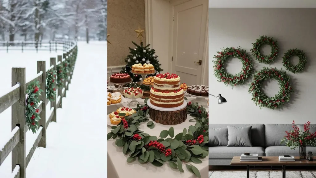 Decoraciones de invierno: coronas y guirnaldas de eucalipto y bayas rojas en vallas, mesas y paredes.