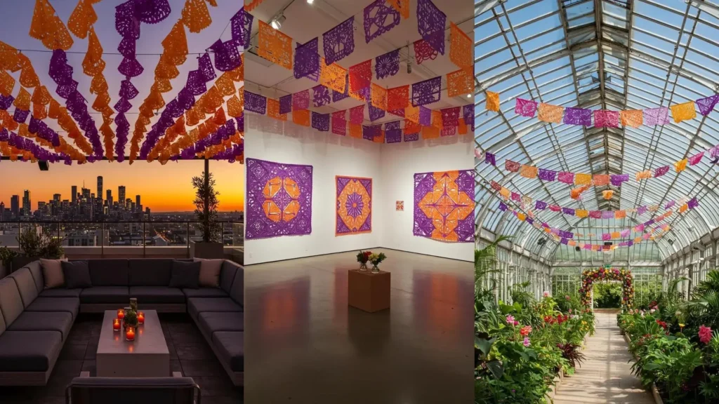 Varias escenas con guirnaldas de papel picado en tonos morados y naranjas, perfectas para decoración festiva.