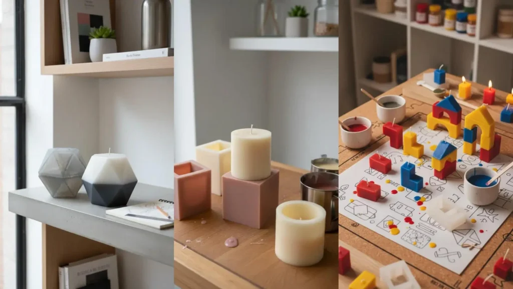Velas caseras modernas con formas geométricas, como hexágonos elegantes y bloques de colores vibrantes, para bricolaje.