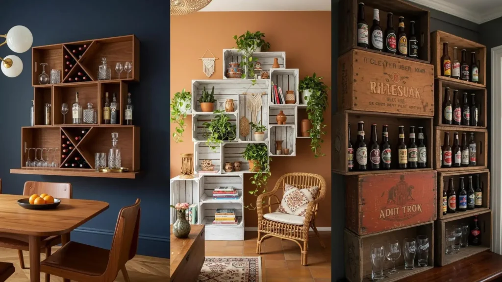 Creativas estanterías flotantes DIY con cajas de madera: desde un bar elegante hasta almacenamiento de plantas y botellas.