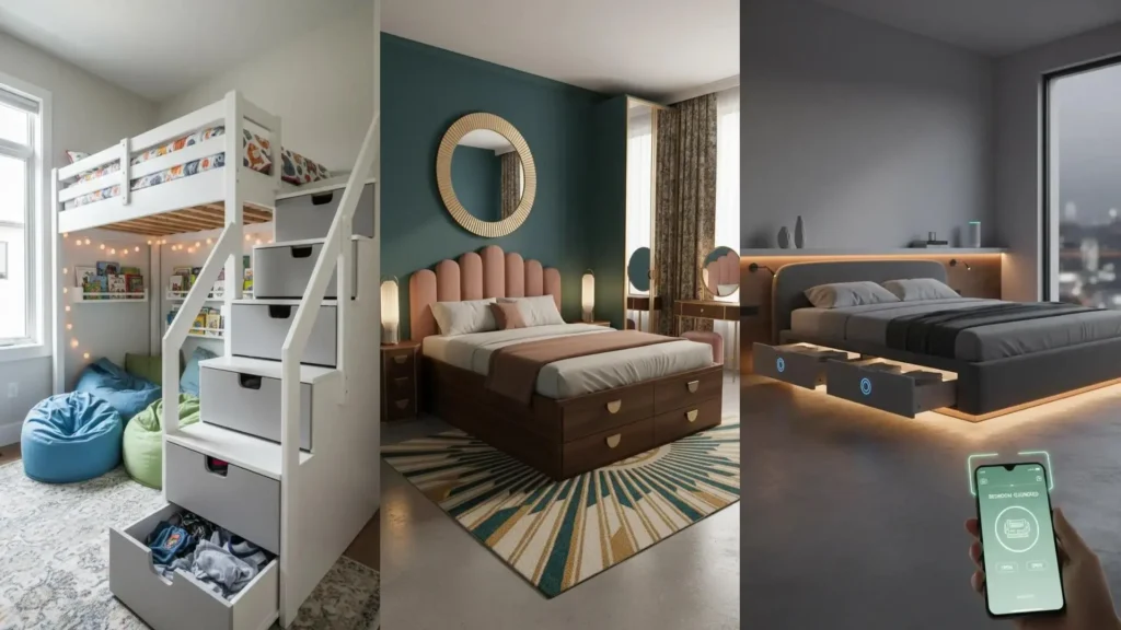 Varias camas con almacenamiento oculto inteligente y cajones integrados para maximizar espacio en dormitorios pequeños.