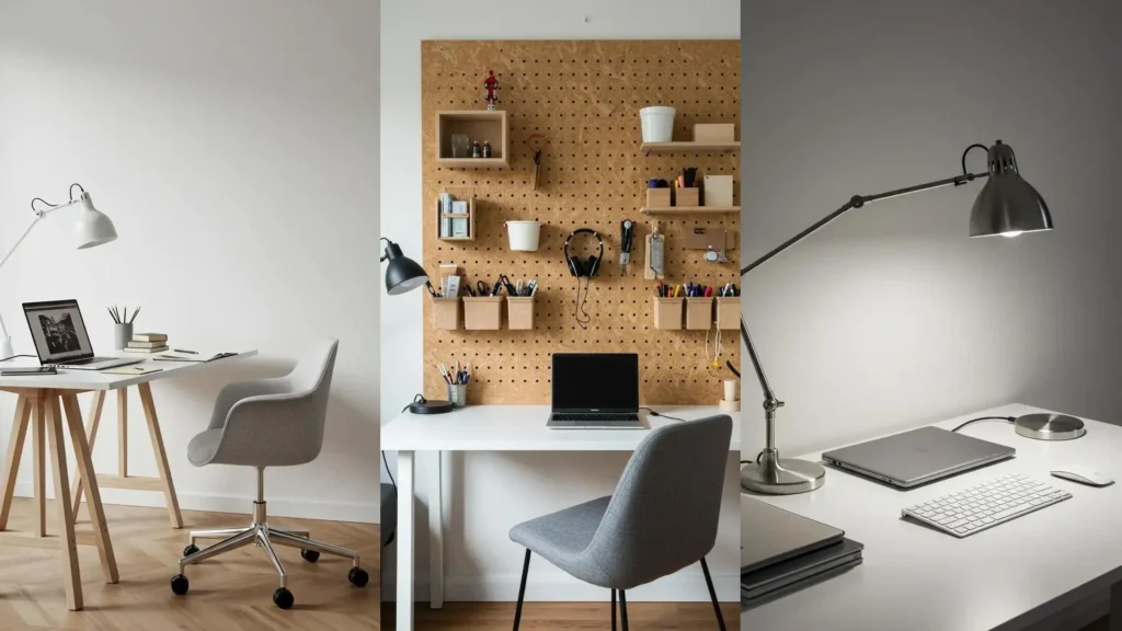 Rincones de trabajo estilo nórdico DIY: escritorios modernos, laptops, sillas cómodas y organización inteligente.
