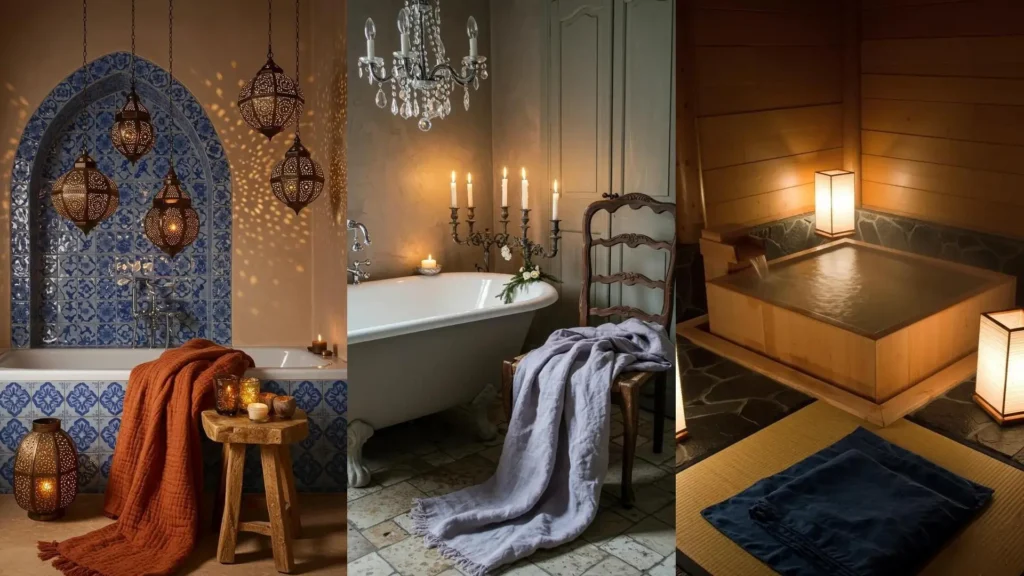 Baños estilo oasis de invierno, con mantas suaves, velas encendidas y luces cálidas creando un ambiente acogedor.