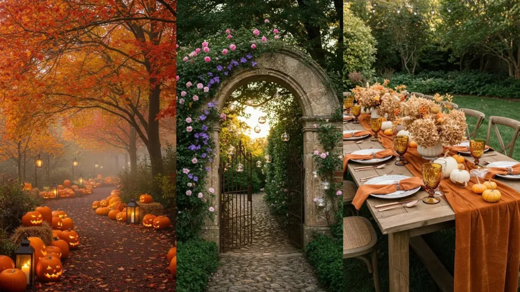 Decoraciones de jardín que cambian con las estaciones: calabazas otoñales, arco floral primaveral y mesa exterior festiva.