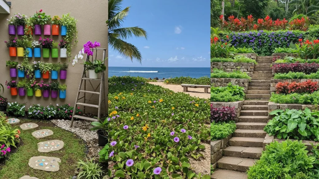 Jardines tropicales llenos de colores intensos y plantas exóticas, incluyendo un jardín vertical, una playa exuberante y terrazas verdes.