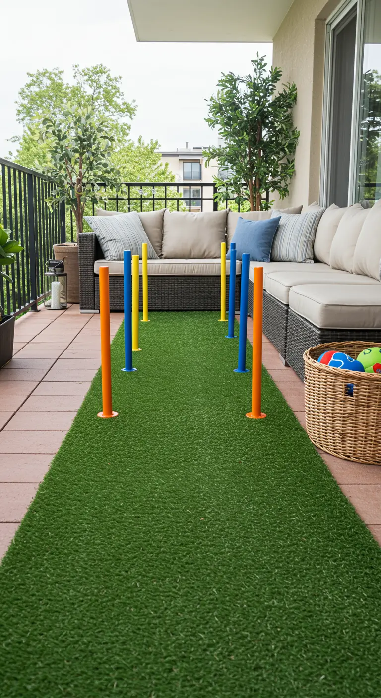 Balcón con una pista de césped artificial y postes de colores para un circuito de agilidad canino