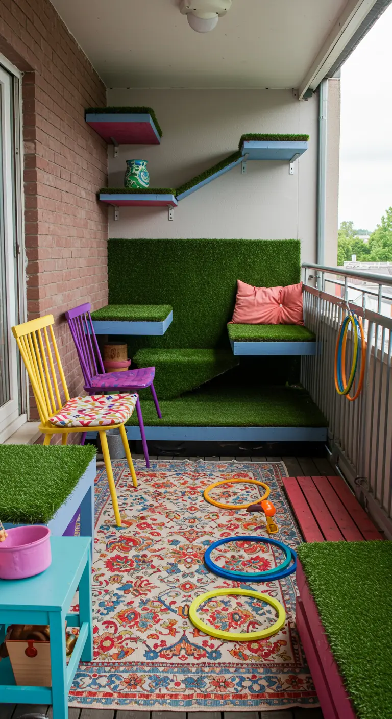 Balcón colorido con estructuras de juego para gatos forradas de césped y sillas de colores vivos