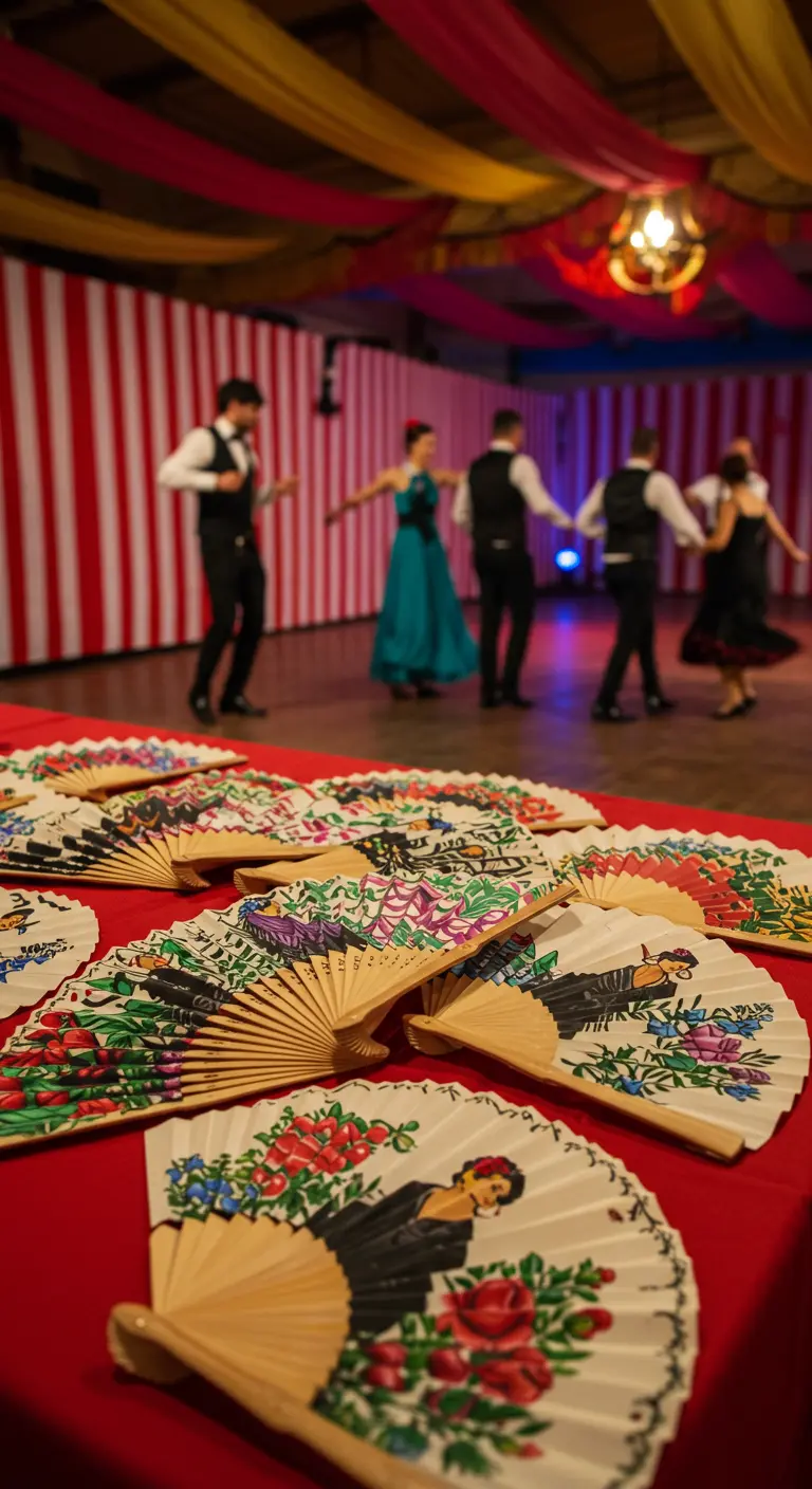 Abanicos de mano de madera con diseños de bailarinas de flamenco.