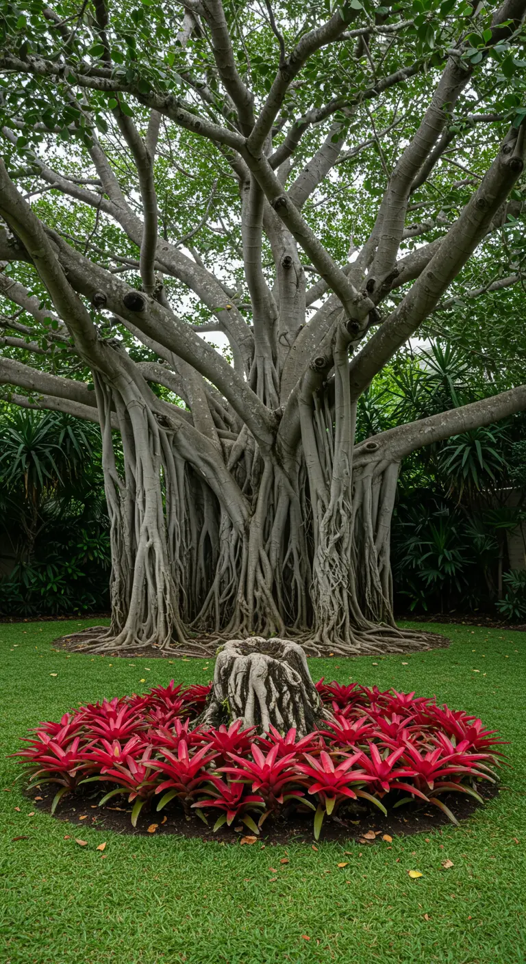 Gran árbol Banyan con un círculo de bromelias rojas brillantes plantadas alrededor de su base.