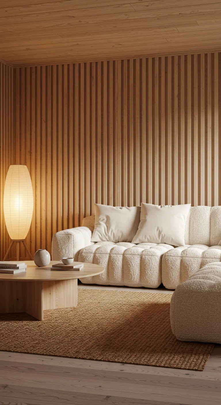 Salón acogedor con pared de listones de madera clara y sofá bouclé blanco.