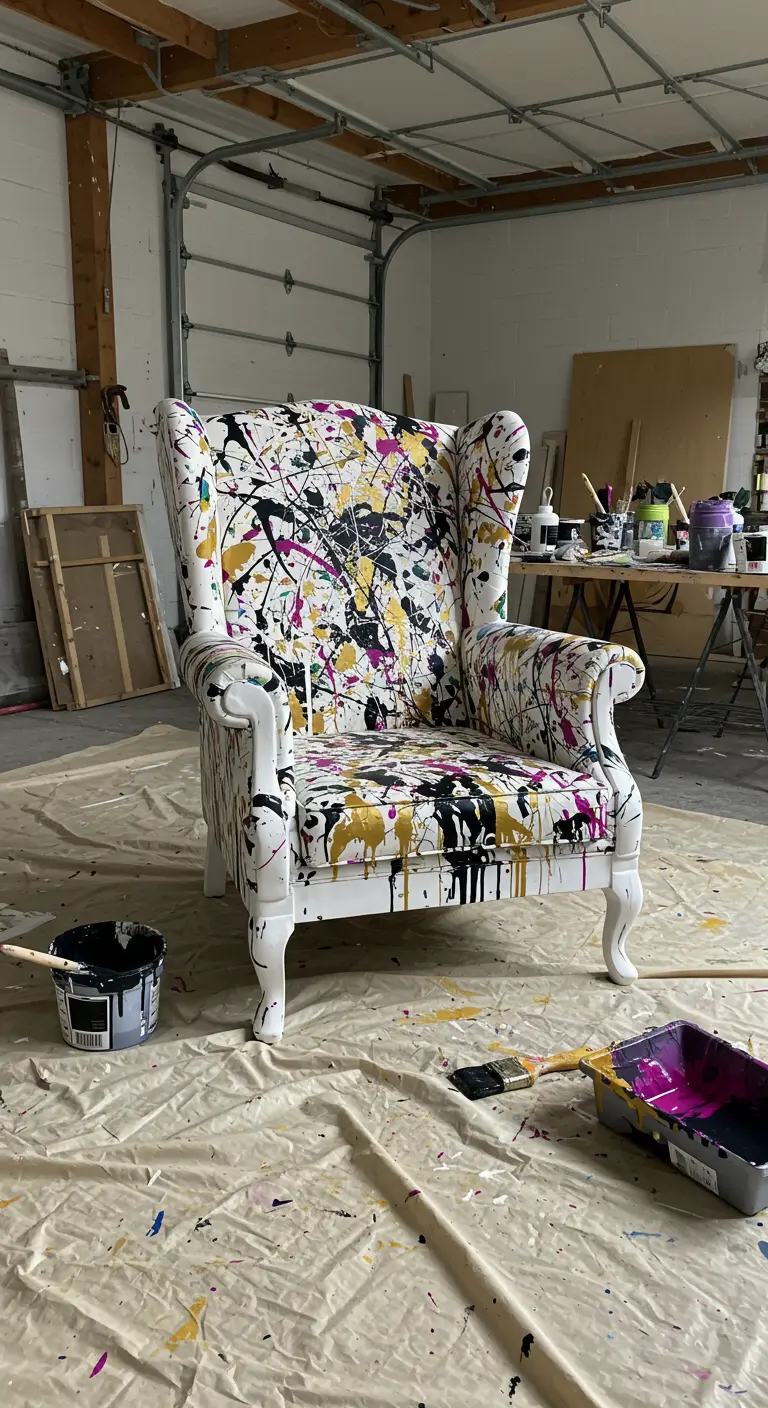 Sillón de orejas blanco salpicado con pintura de colores fucsia, amarillo y negro.