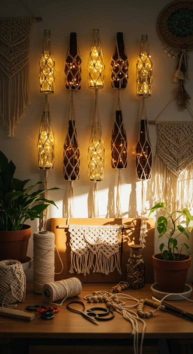 Lámparas de pared hechas con botellas ámbar cubiertas de macramé y rellenas de luces de hadas.