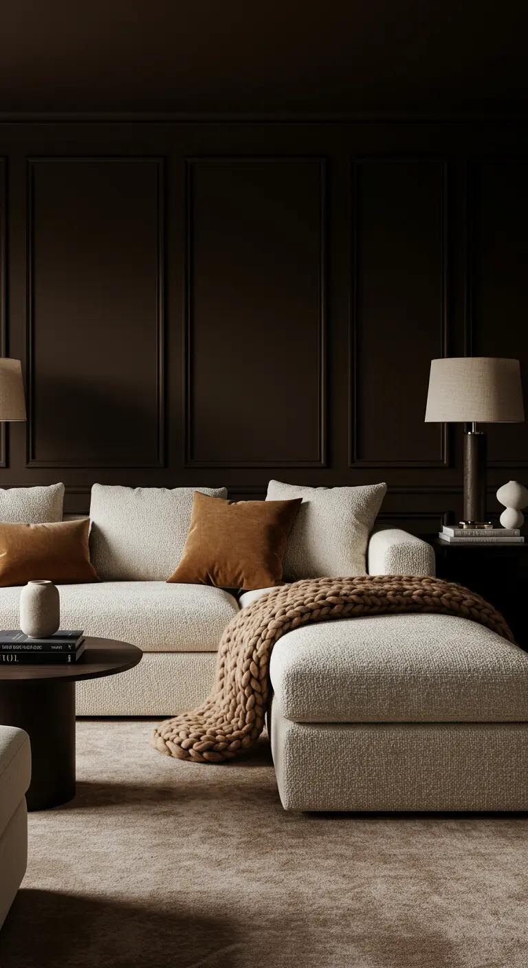 Sala con paredes de color marrón oscuro y un sofá seccional de bouclé color crema.