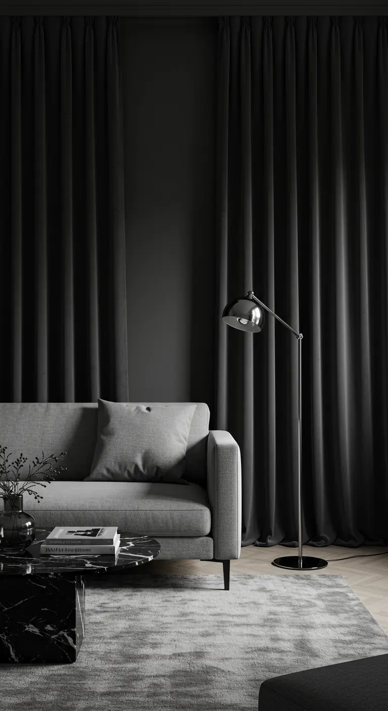 Sala de estar monocromática en tonos grises con cortinas que cubren toda la pared.