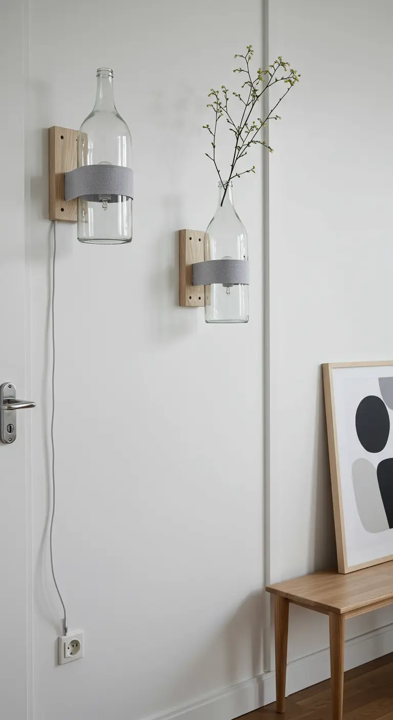 Aplique de pared de estilo escandinavo con base de madera, botella de vidrio y cinta de fieltro.