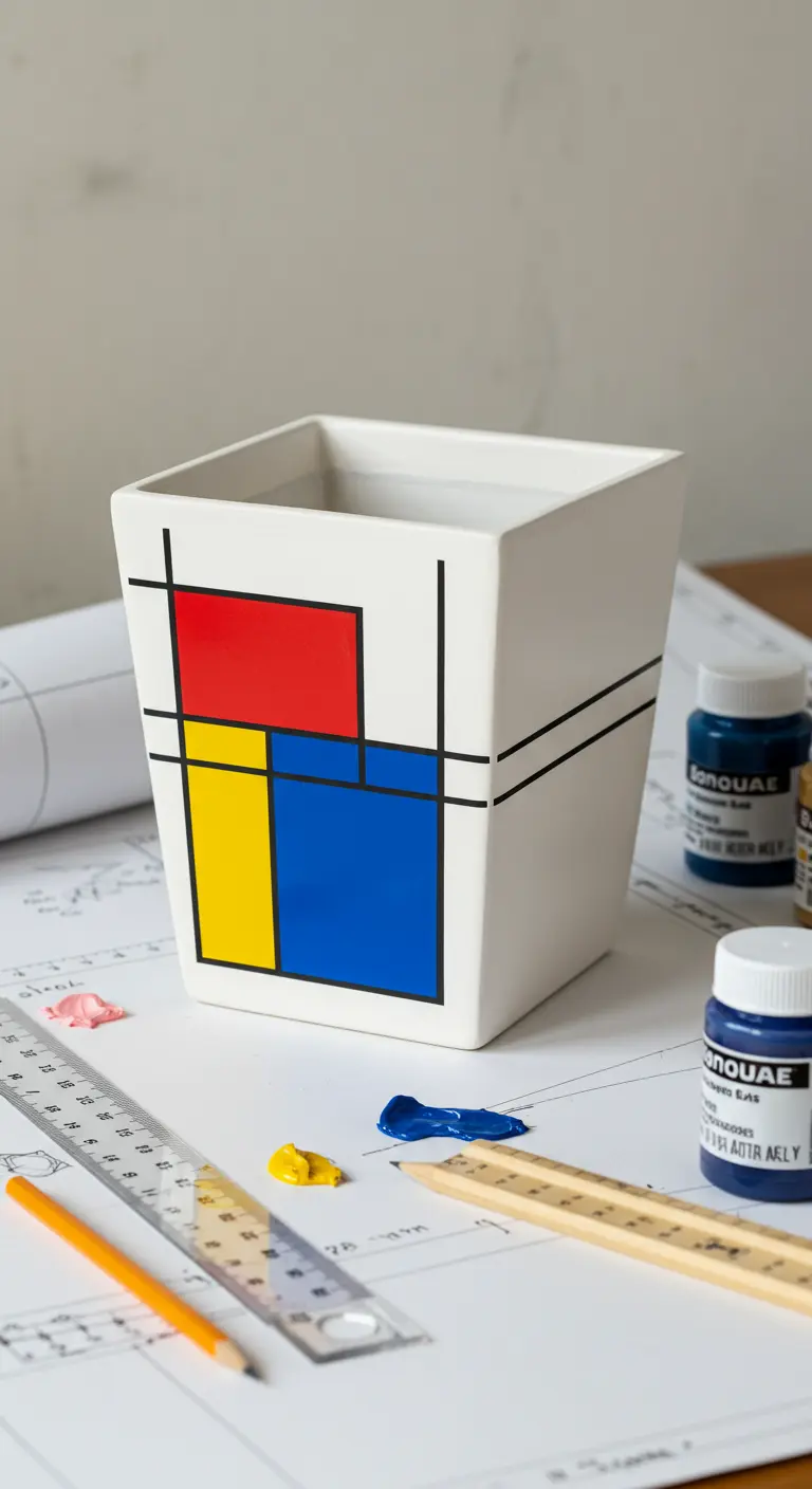 Maceta cuadrada blanca pintada con un diseño de líneas negras y bloques de colores primarios.