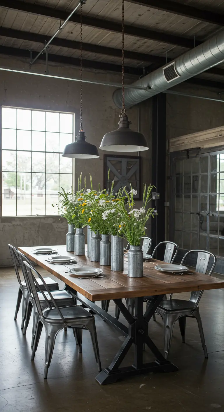Comedor de estilo industrial con mesa de madera, sillas de metal y flores en jarrones de zinc