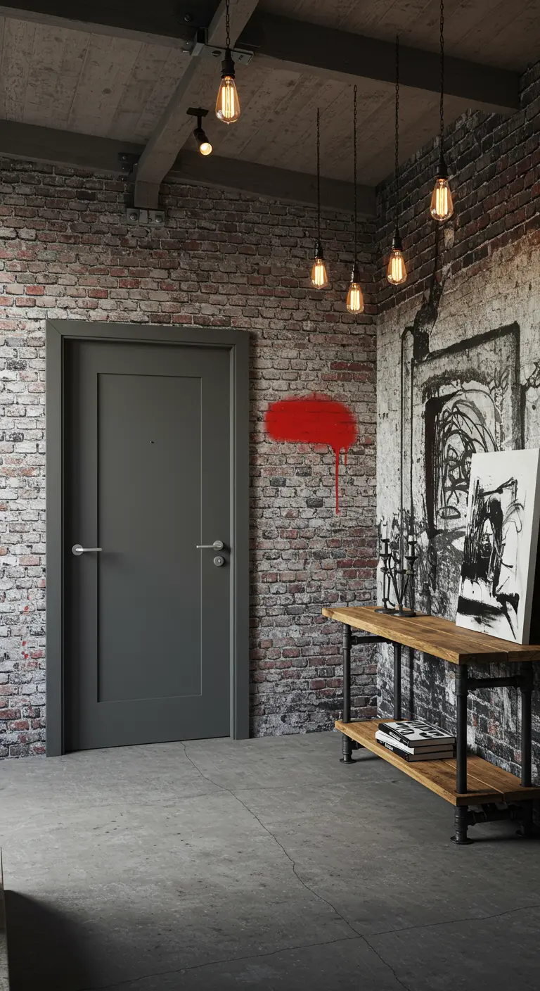Entrada de estilo industrial con pared de ladrillo, un grafiti rojo y una puerta gris oscuro.