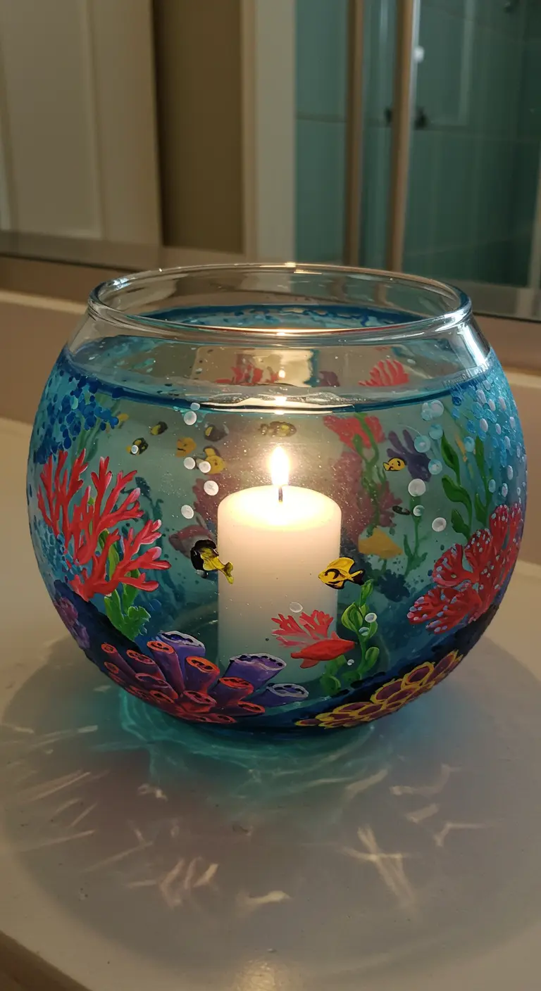 Portavelas de cristal esférico pintado como un acuario con corales, peces y una vela dentro.