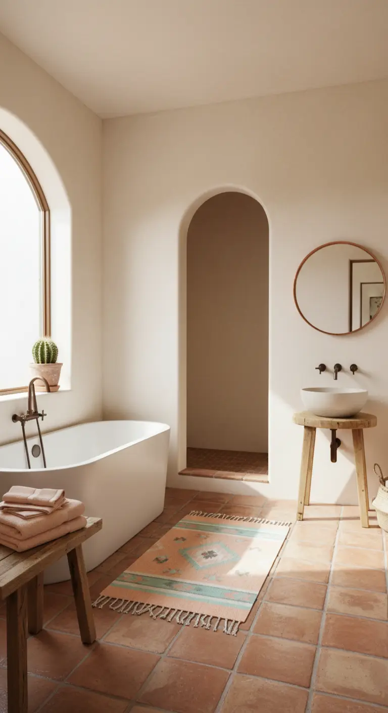Baño de estilo mediterráneo con baldosas de terracota y una alfombra pastel con patrones.