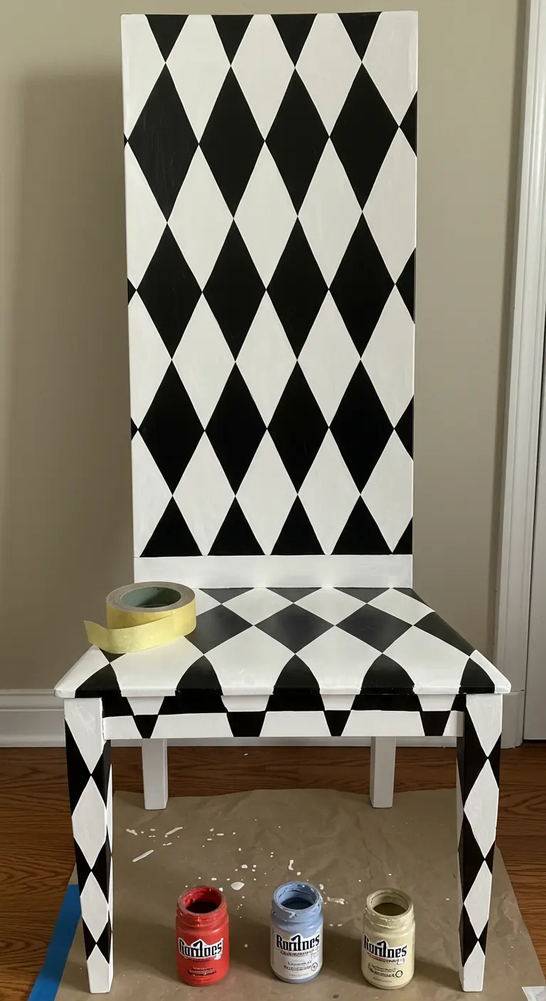 Silla de respaldo alto pintada con un patrón de rombos blancos y negros estilo arlequín.