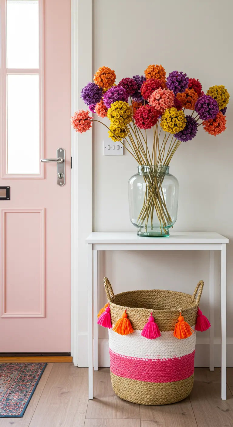 Recibidor con puerta rosa, consola blanca y cesta de yute decorada con pompones de colores.