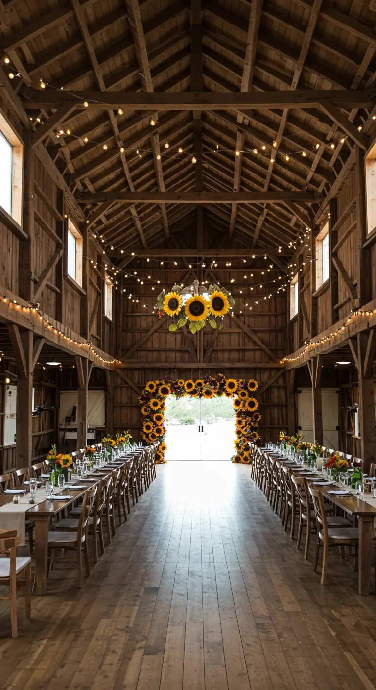 Interior de un granero de madera decorado para un evento con un arco y lámpara de girasoles.