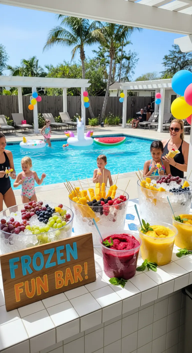 Barra junto a la piscina con cuencos de fruta en hielo y un cartel de 'Frozen Fun Bar'.
