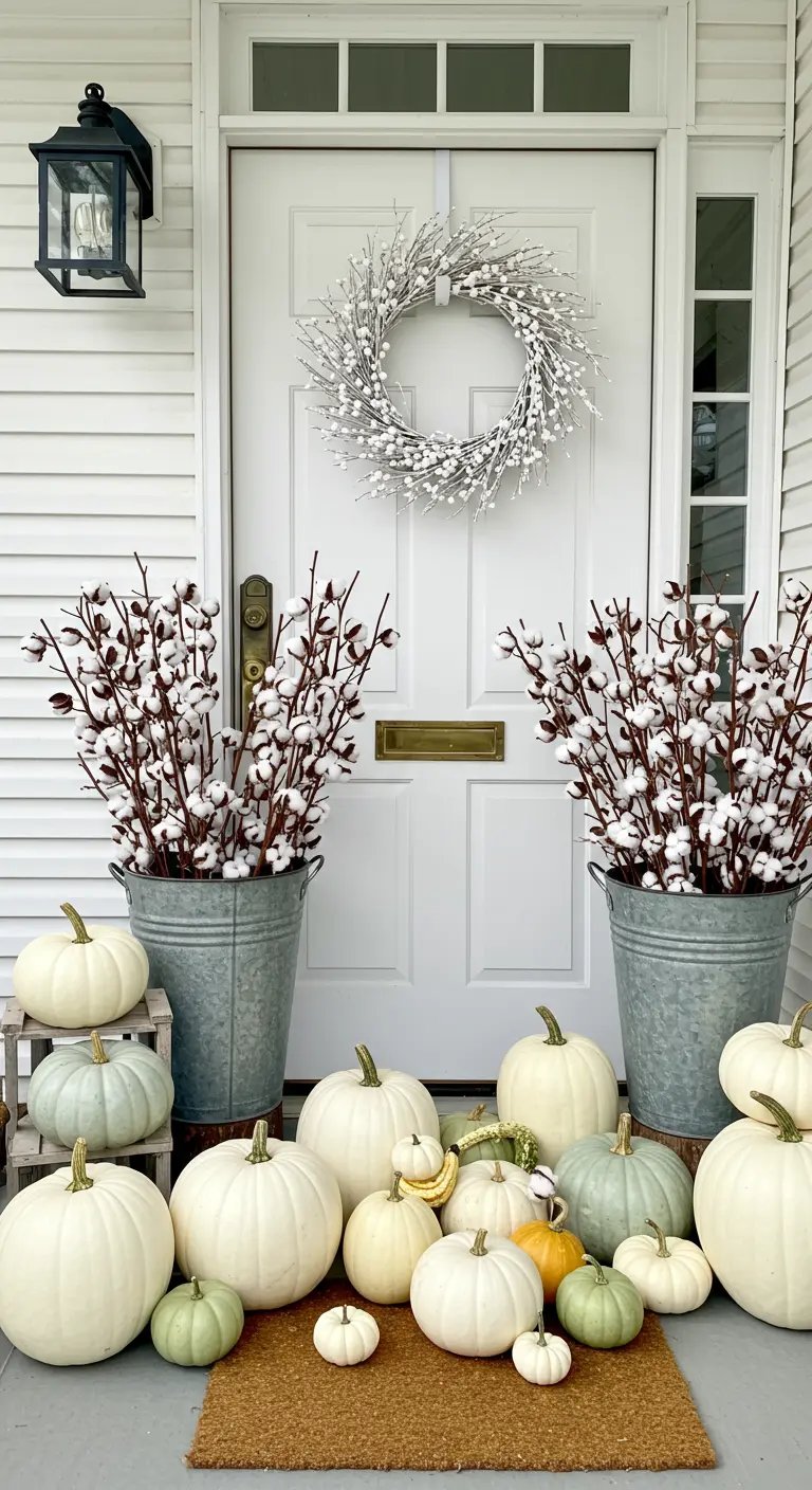 Porche blanco y gris con calabazas blancas y verdes, y tallos de algodón en cubos de metal.