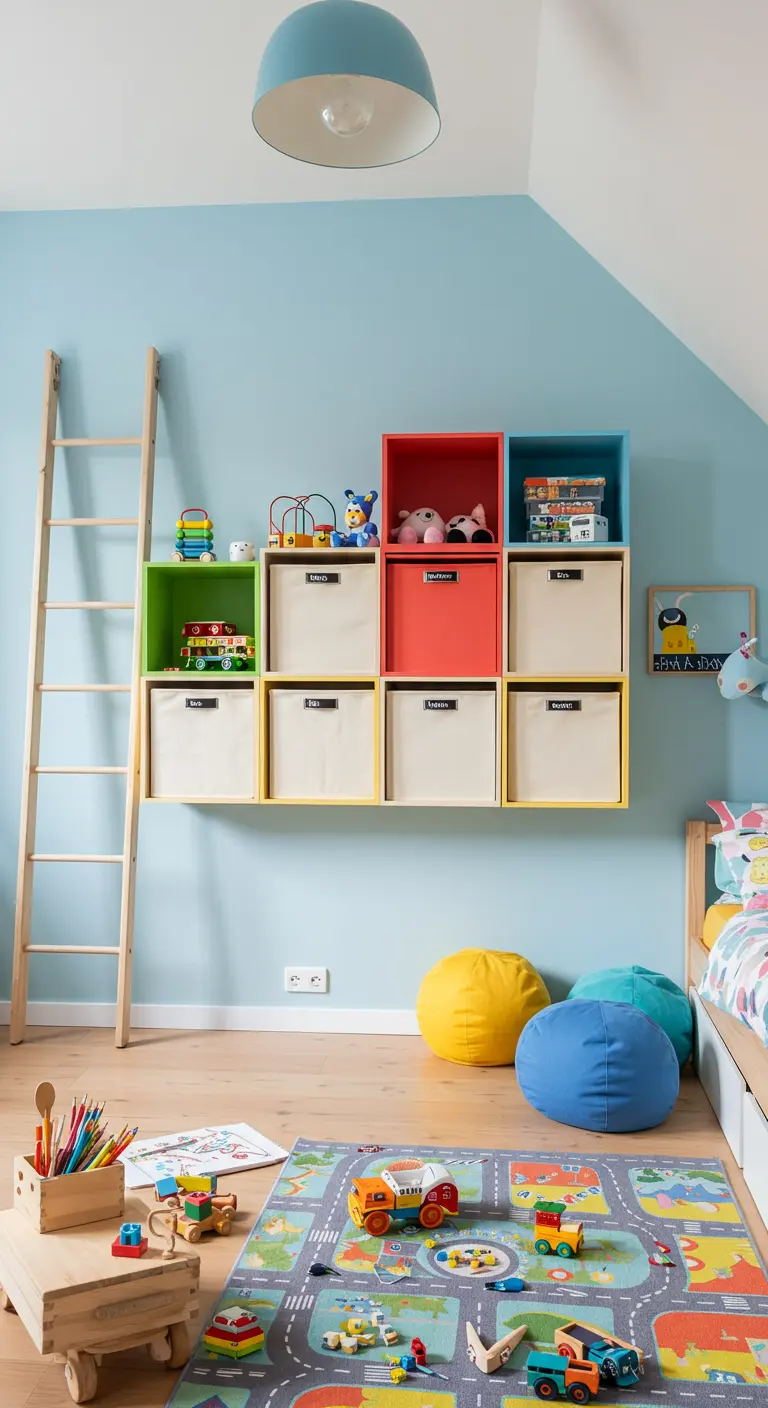Habitación infantil con estanterías cúbicas de colores y cestas de tela.