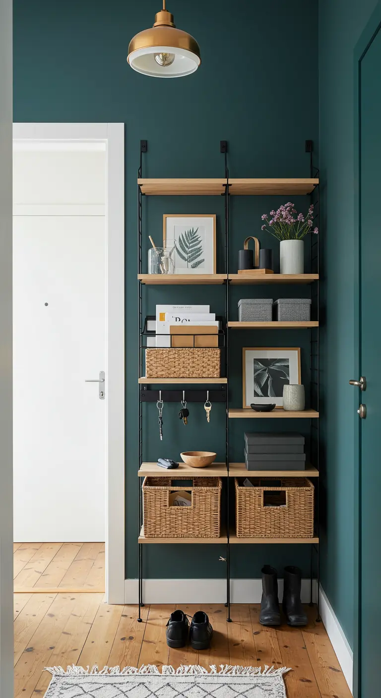 Sistema de estanterías modulares de pared sobre un fondo de color verde petróleo en un recibidor.