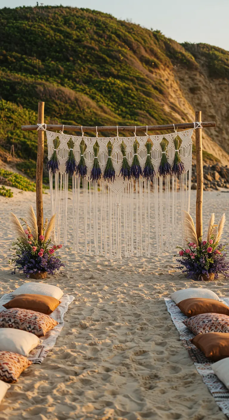 Altar de boda en la playa con un tapiz de macramé decorado con ramos de lavanda.
