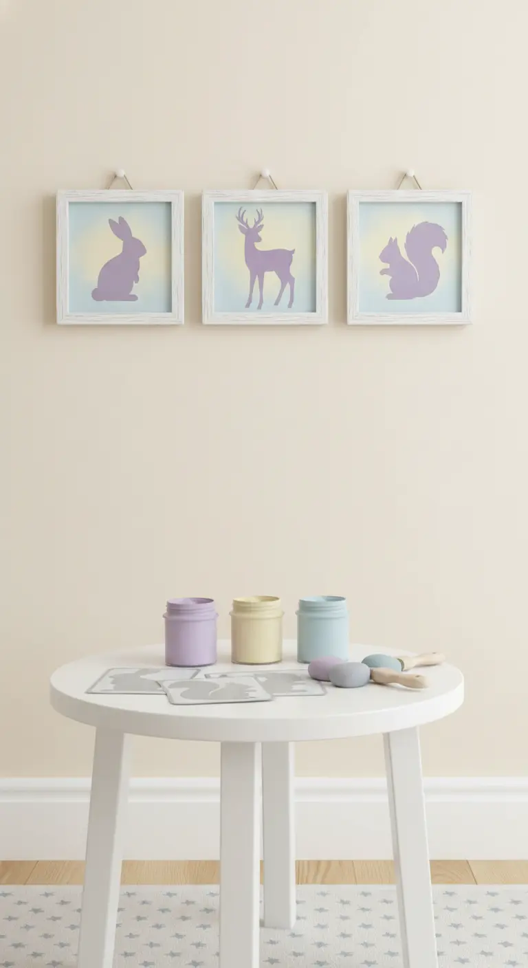 Tres cuadros con siluetas de un conejo, ciervo y ardilla en color lavanda sobre fondos pastel.