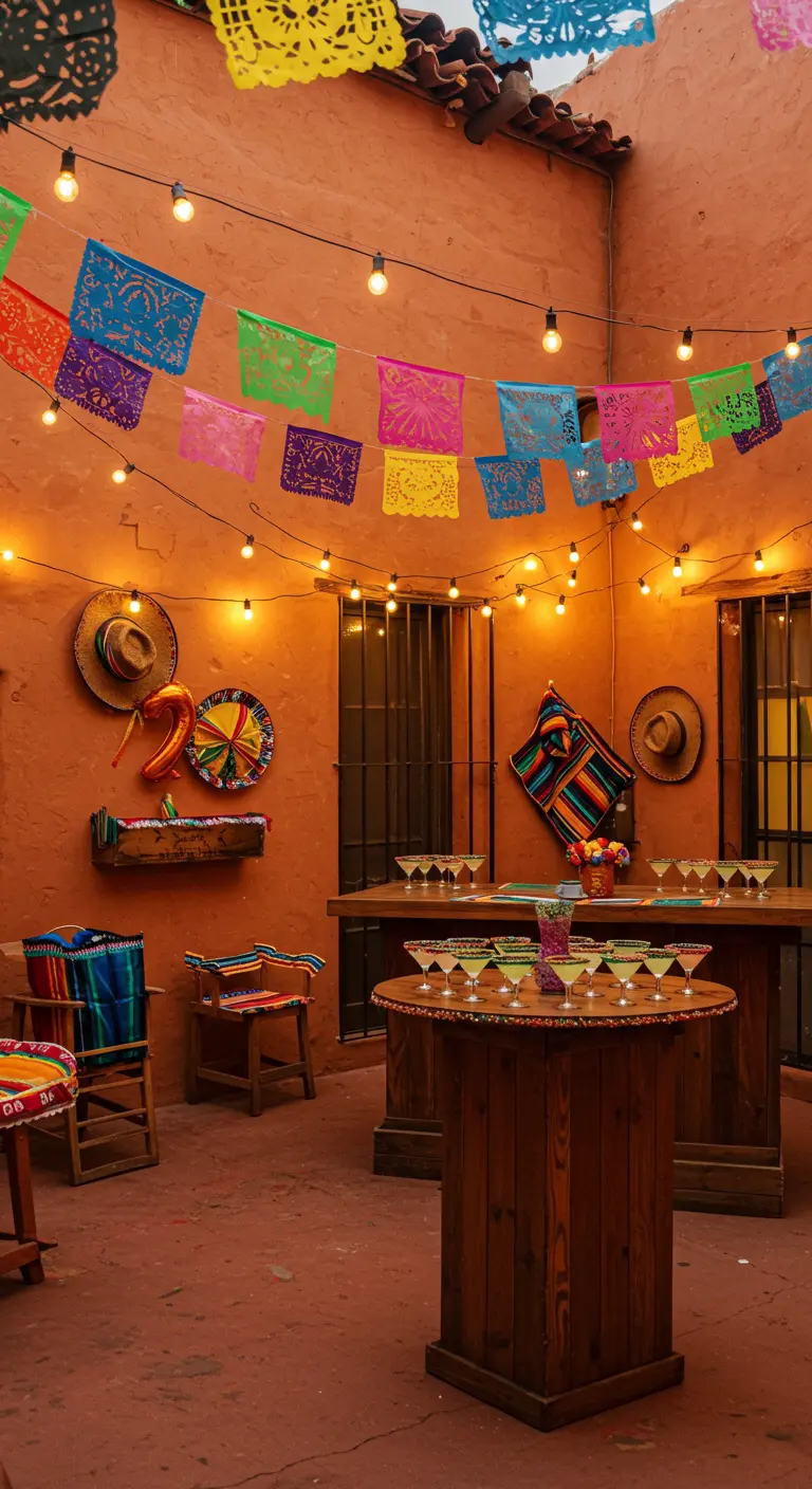 Patio de estilo mexicano decorado para una fiesta con papel picado y luces cálidas.