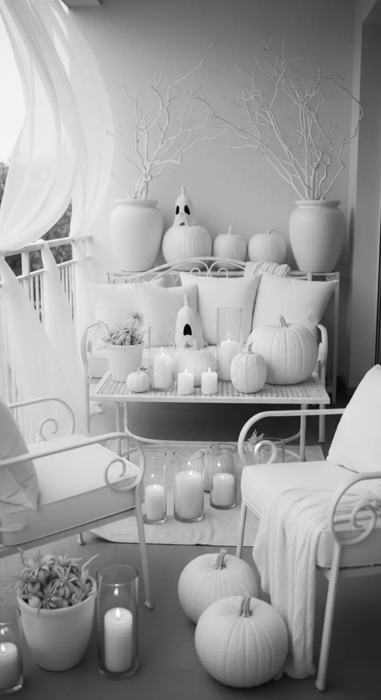 Decoración de Halloween totalmente blanca con calabazas, fantasmas y muebles pintados.