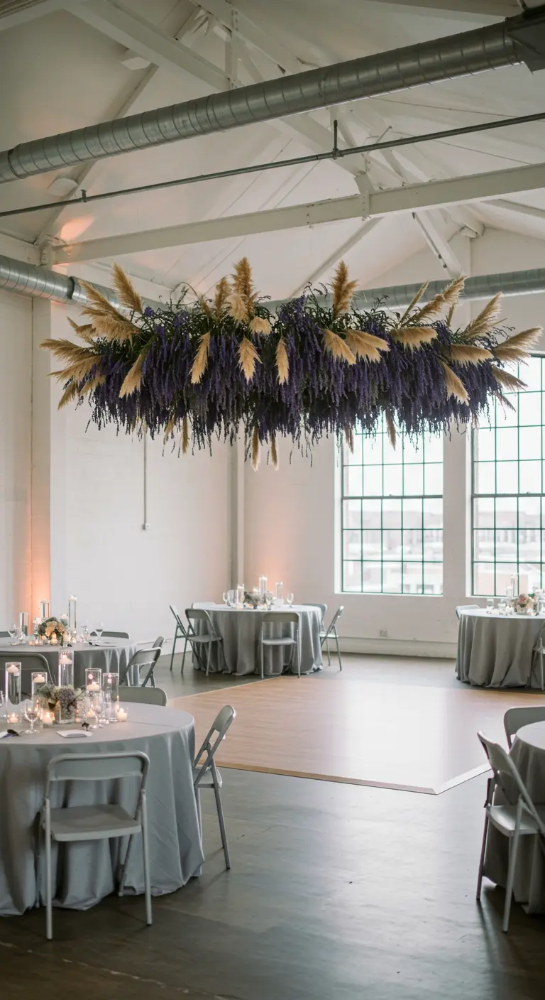 Gran instalación floral de lavanda y hierba de la pampa colgando en un salón industrial.