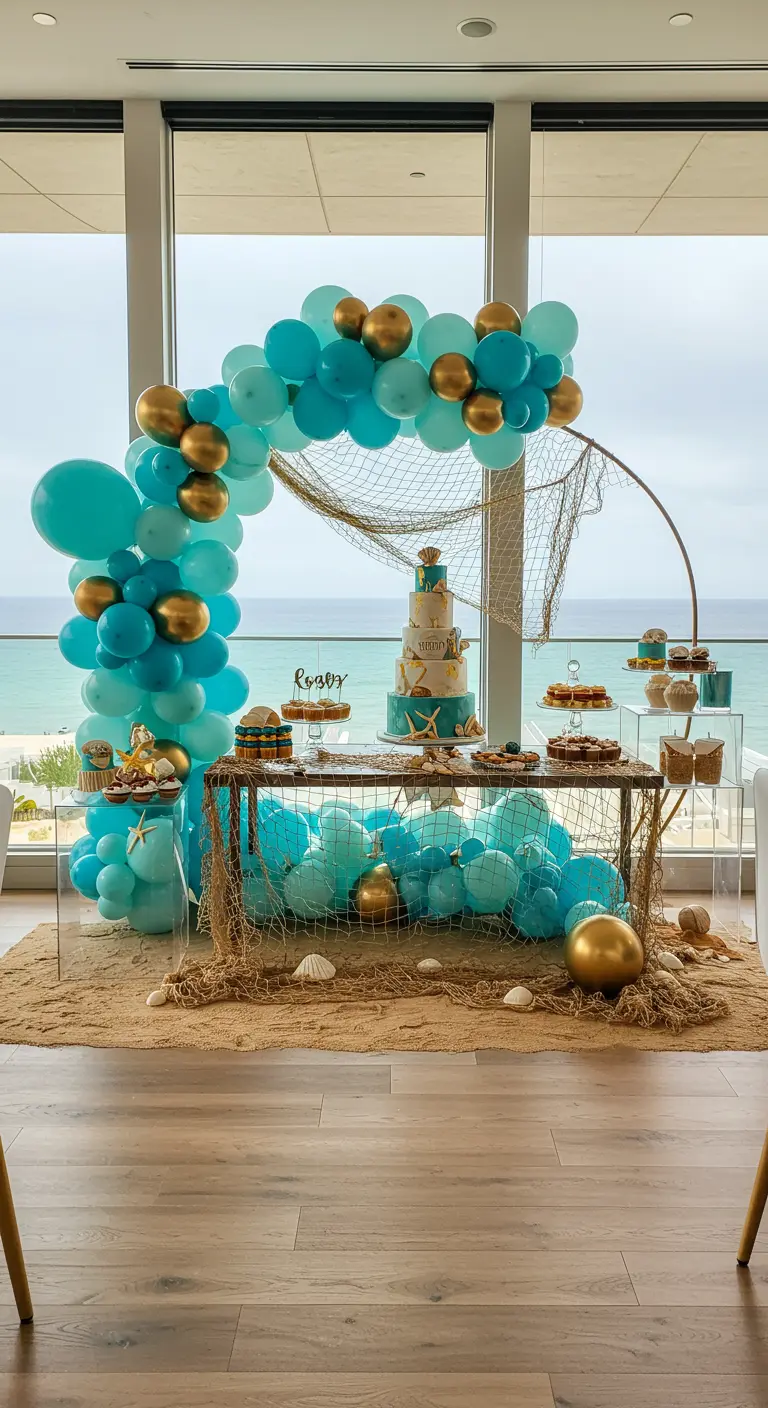 Arco de globos turquesas y dorados con una red de pesca y vistas al mar.