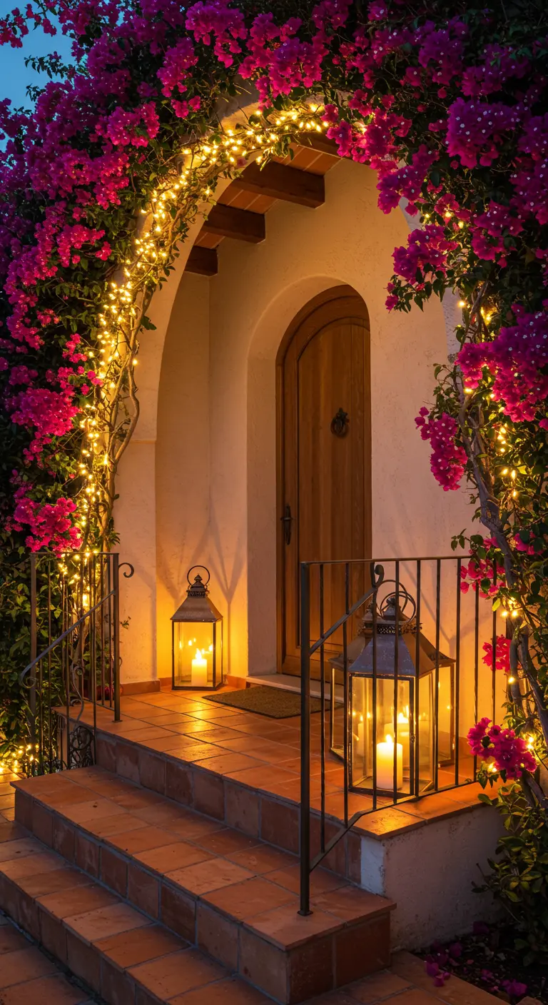 Entrada con un arco de buganvillas fucsias entrelazadas con luces cálidas y dos faroles.