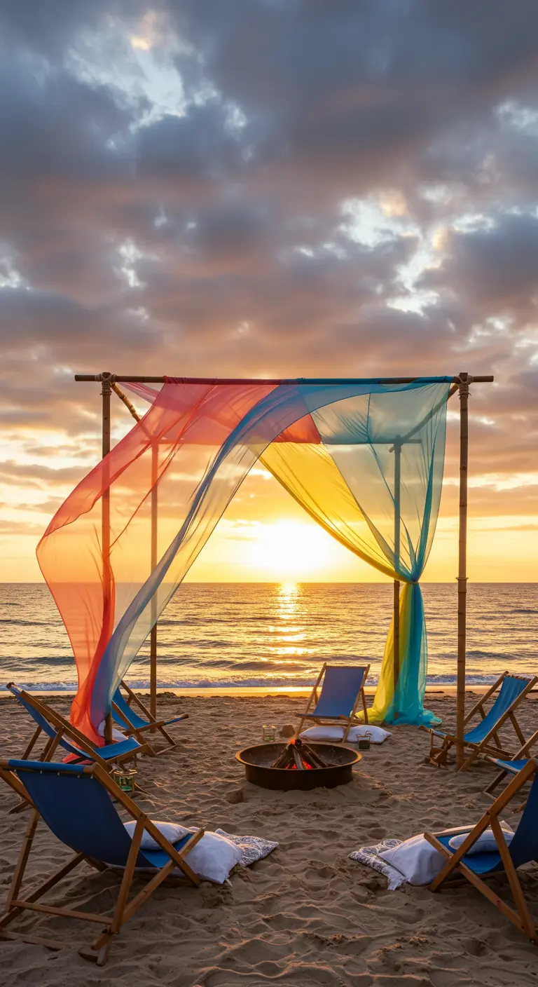 Estructura de bambú en la playa con telas de colores ondeando al atardecer.