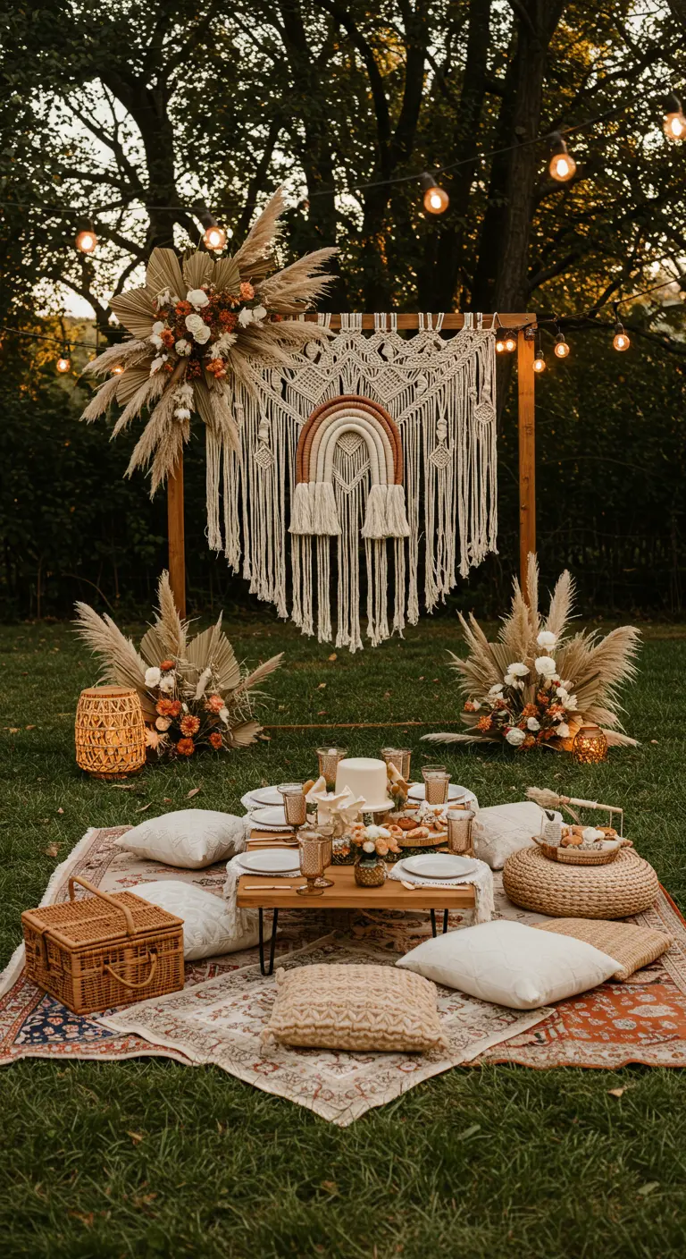 Fondo de macramé con un arcoíris tejido para una fiesta boho en el jardín.