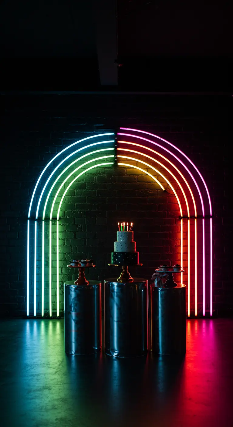 Arcoíris de luces de neón de colores sobre una pared de ladrillo oscuro.