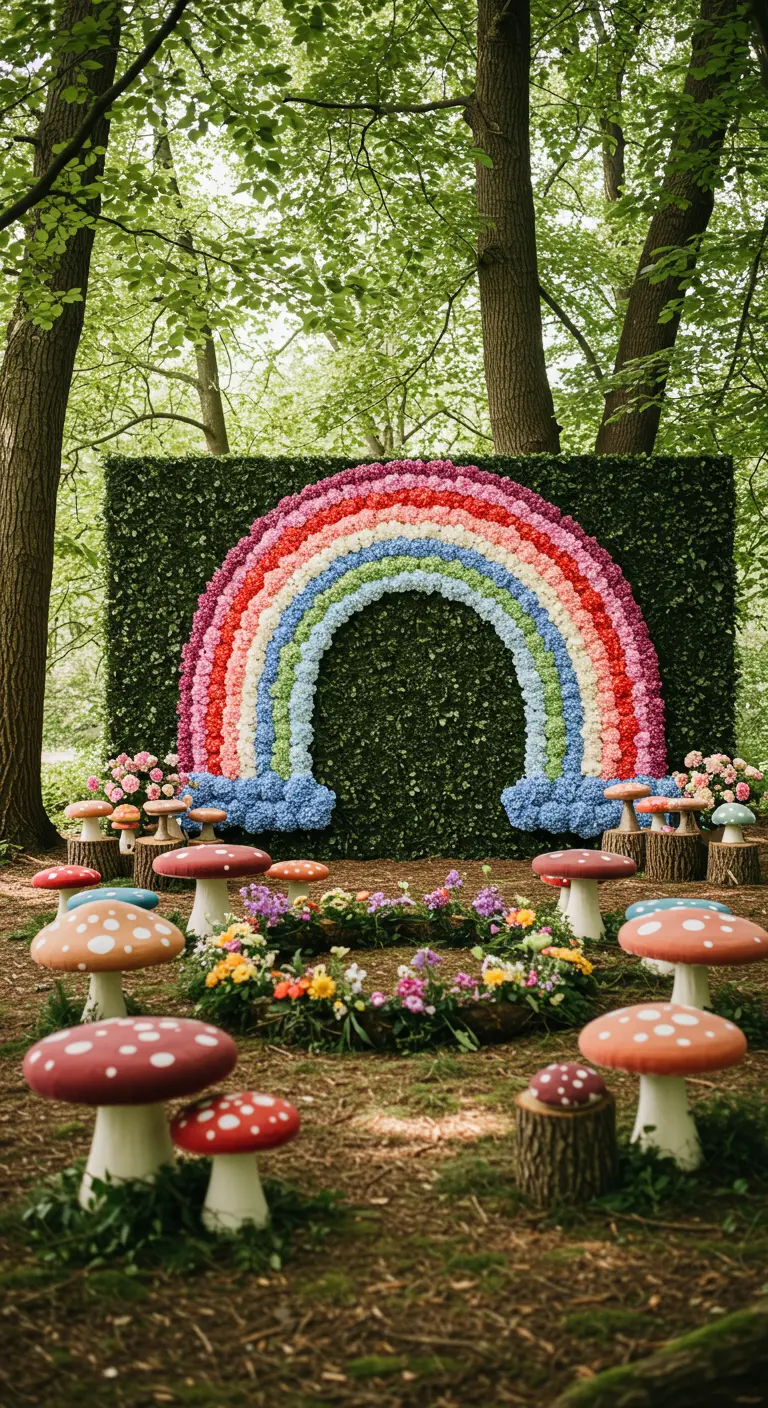 Arcoíris hecho de flores de colores sobre un fondo de pared de hojas verdes.