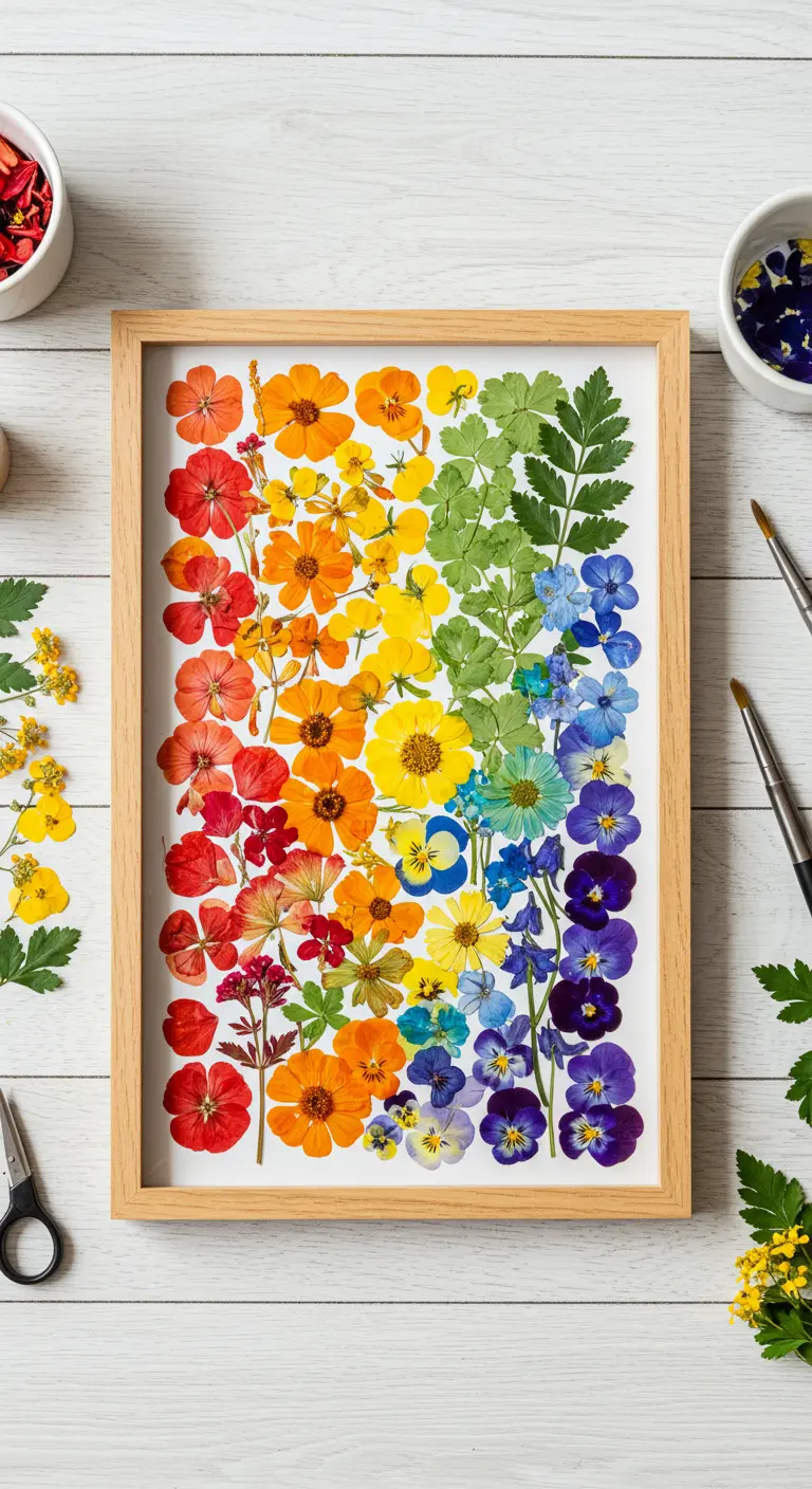 Composición de flores prensadas organizadas por colores del arcoíris en un marco de madera claro.